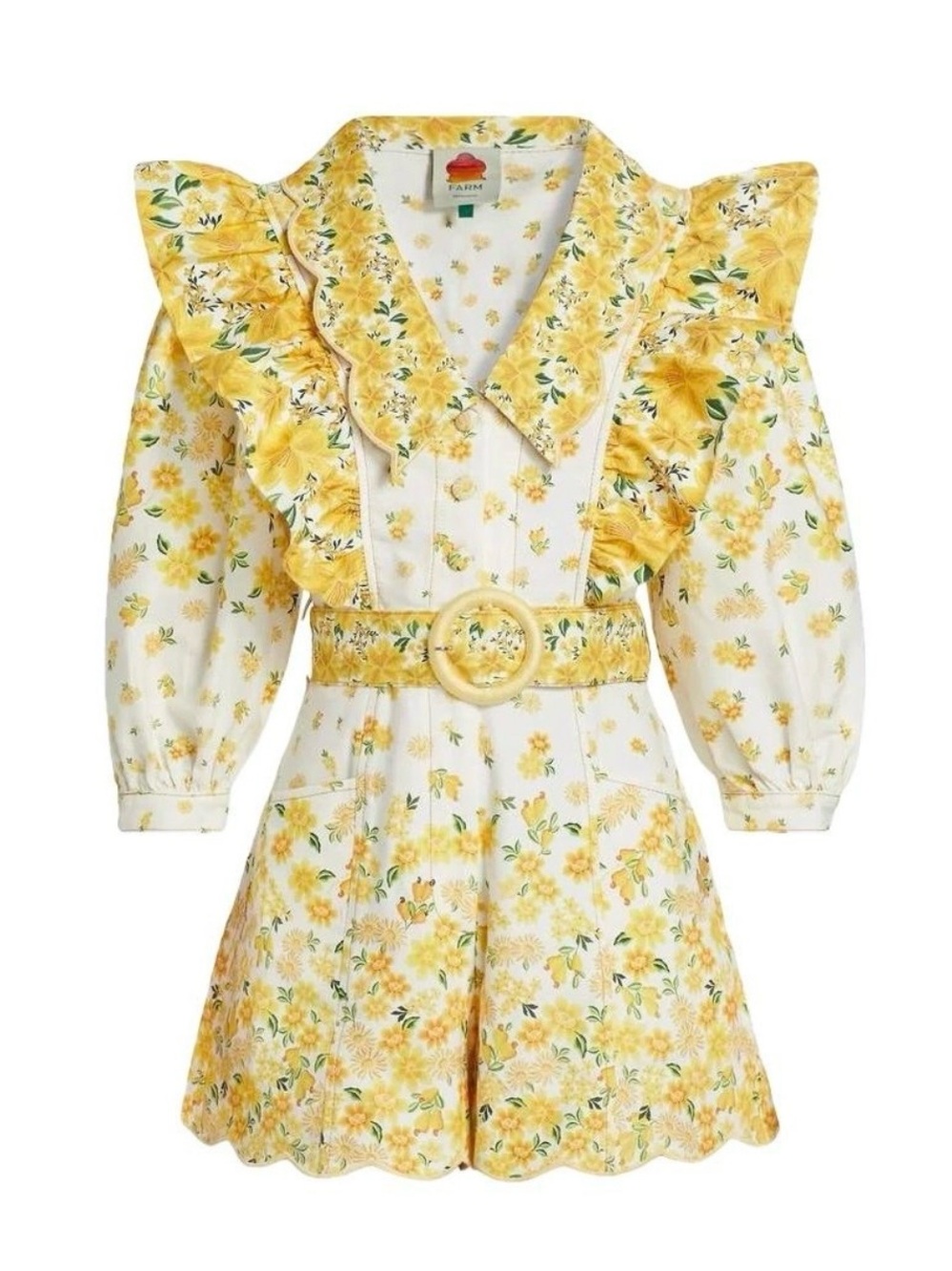 Farm Rio Azalea Yellow Floral Ruffle Collar Belted Shorts Romper NWT M